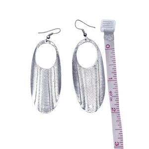 Sterling Silver Wave Pattern Oval Dangle Earrings – French Hook – 2" Length